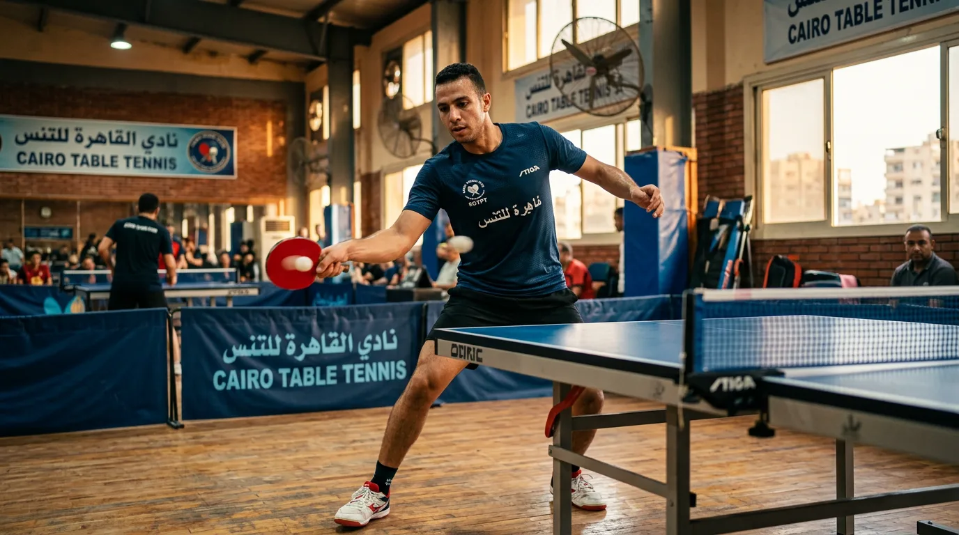 لاعب كرة طاولة محترف يستعد لتسديدة هجومية